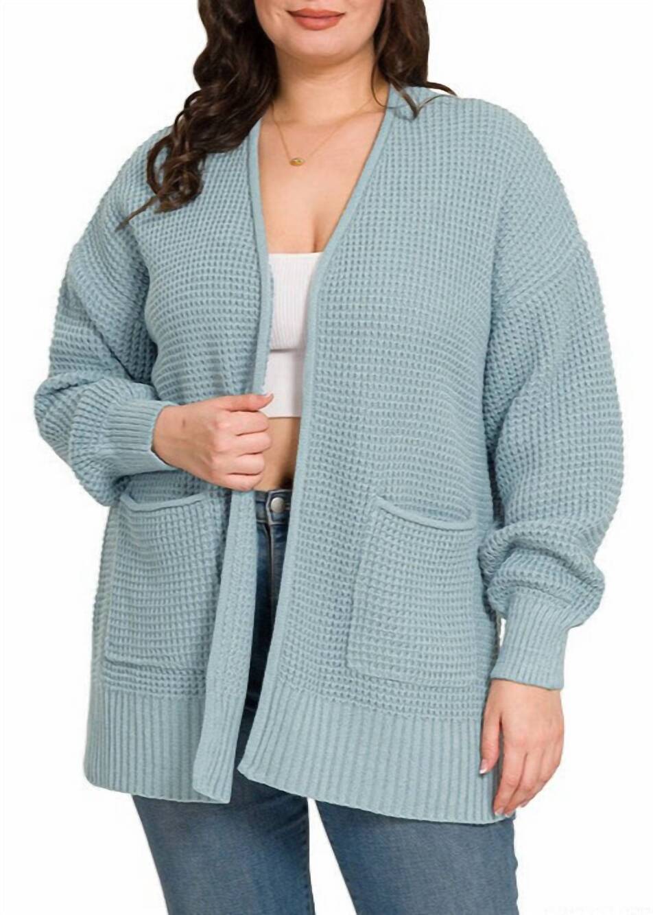 NEW ZENANA gauge waffle open cardigan in blue grey